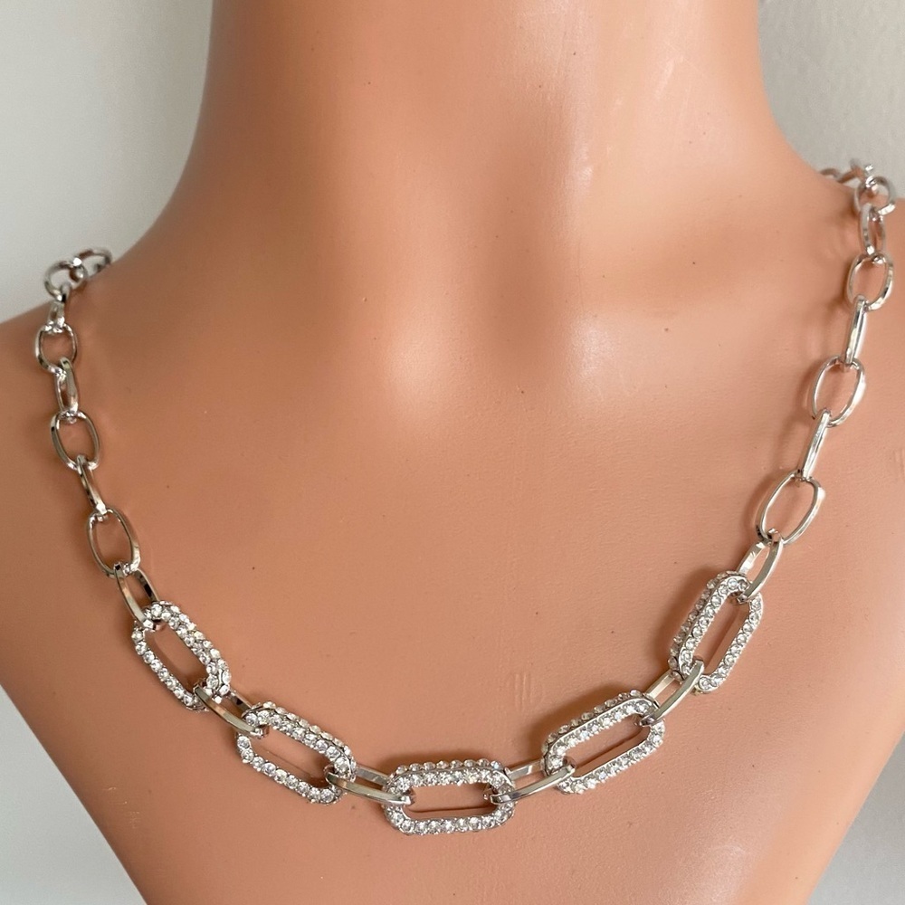 FAC Crystal Link Rhodium Plated Silver Tone Neclace